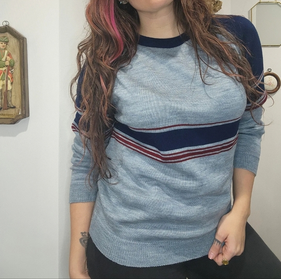 Vintage 70s Knit Long Sleeve Sweater Mens M* Blue Red Stripe - Picture 2 of 6